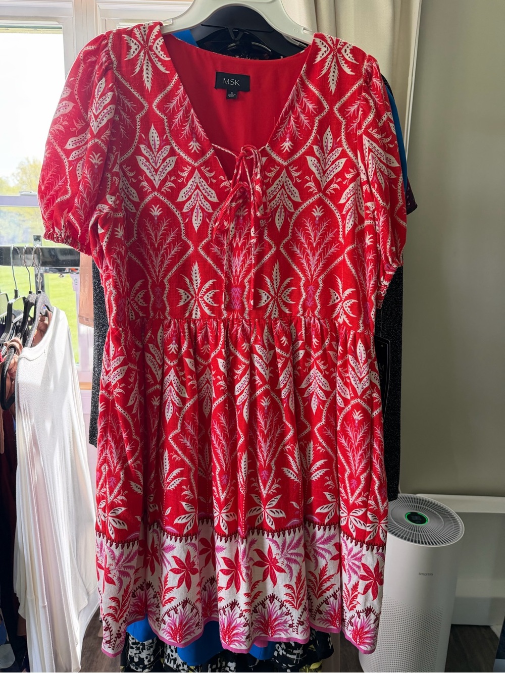 MSK Printed Tie-Neck Short-Sleeve Dress -SMALL-NEW - Picture 3 of 5